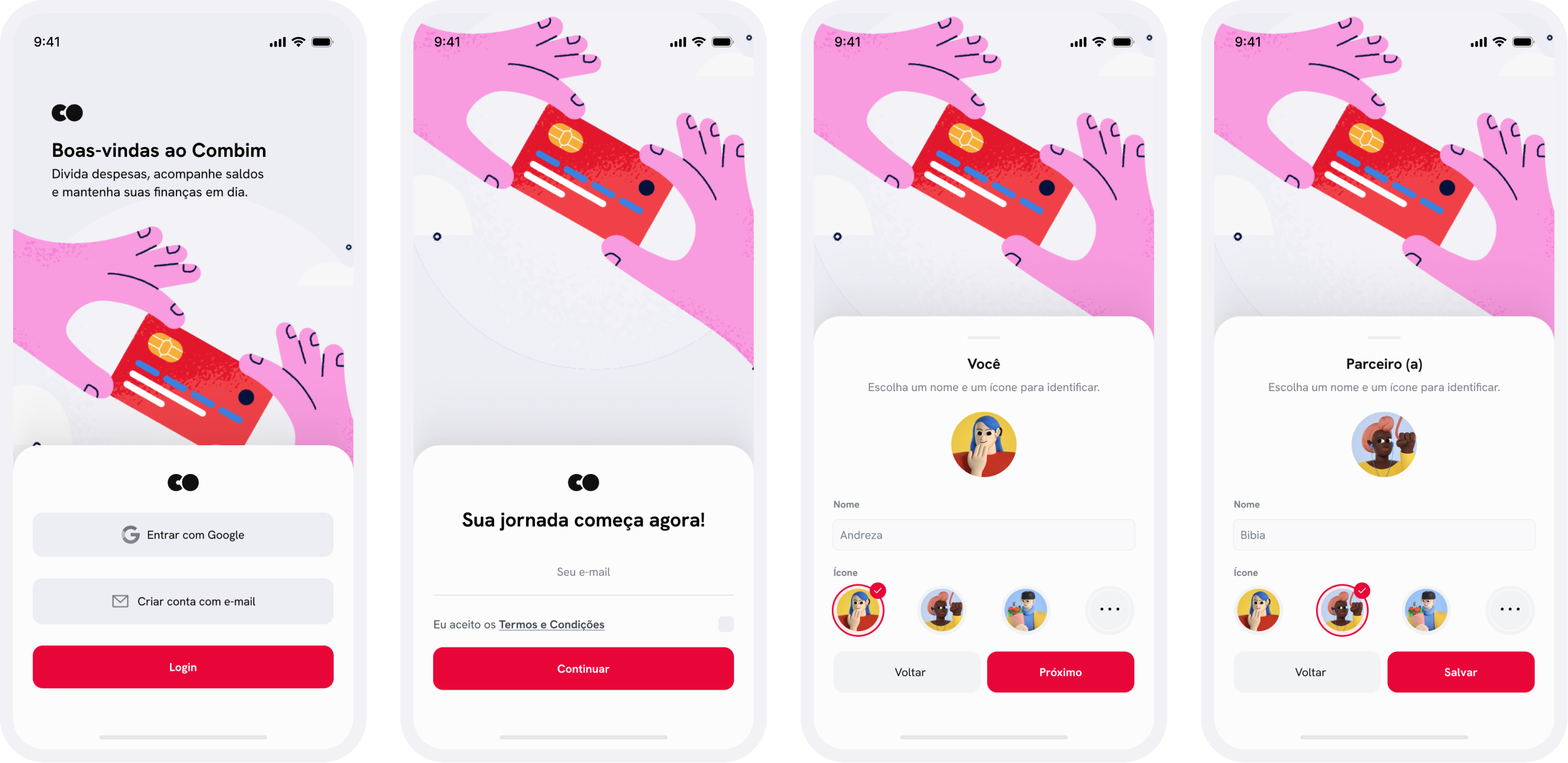 Combim authentication and dual-member onboarding flow screens